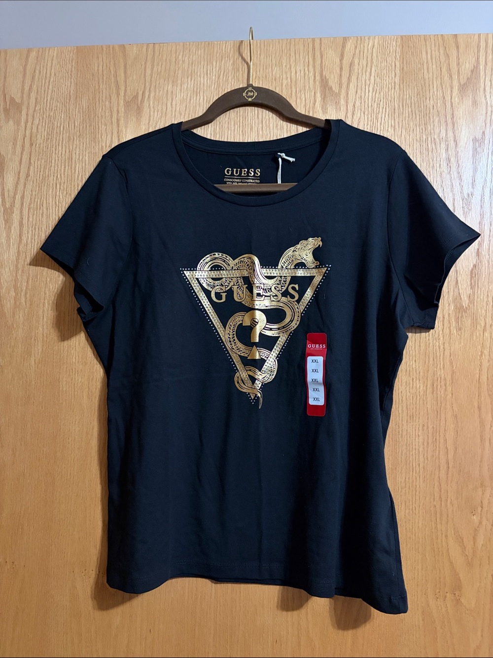 GUESS Black Short Sleeve Tee with Gold Snake Logo
